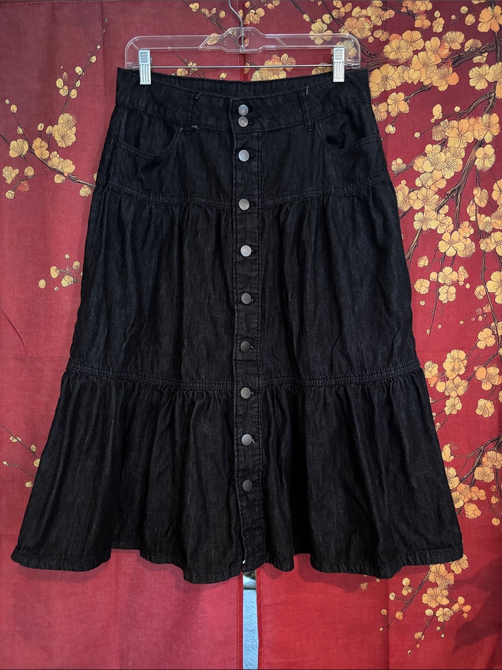 TIME And TRU Women's Black Denim Tiered Button-Front A-Line Jean Skirt Size 6